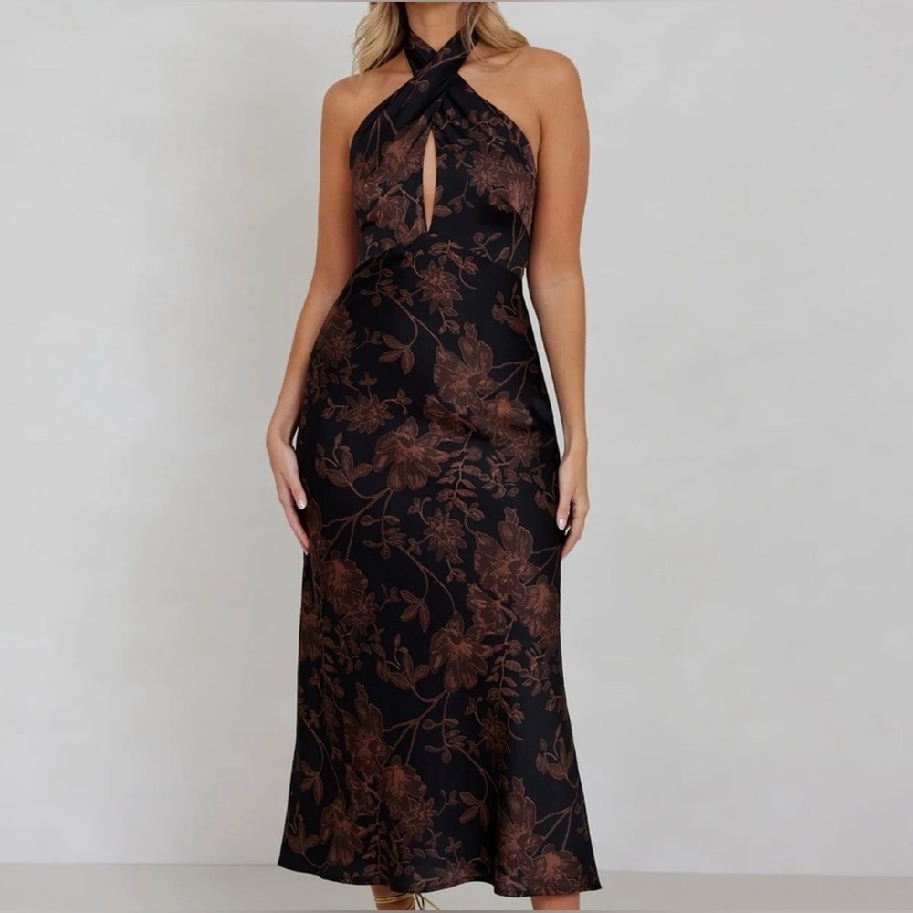 Park & Fifth Halter Cooper Maxi Dress Black Brown Open Back Size S